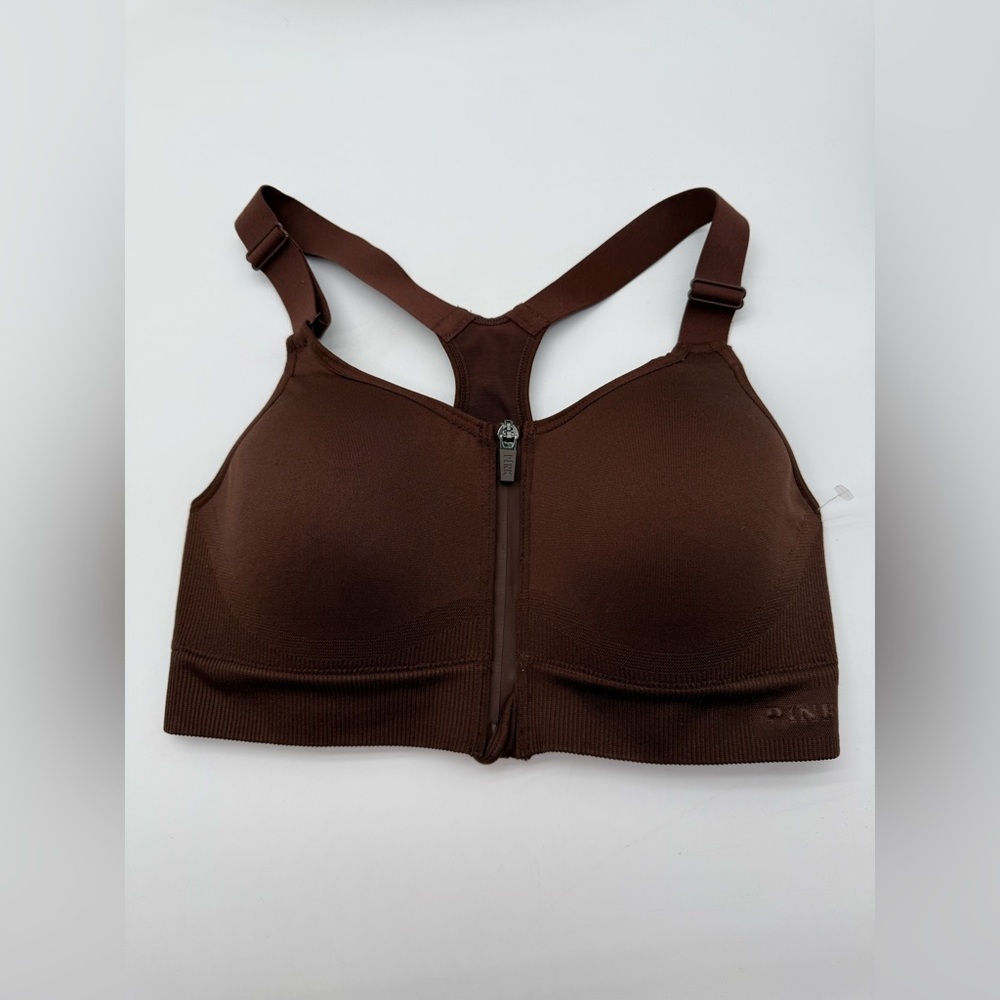 Victoria’s Secret PINK! Racerback Front-Zip Sports Bra Size S EC Chocolate Brown